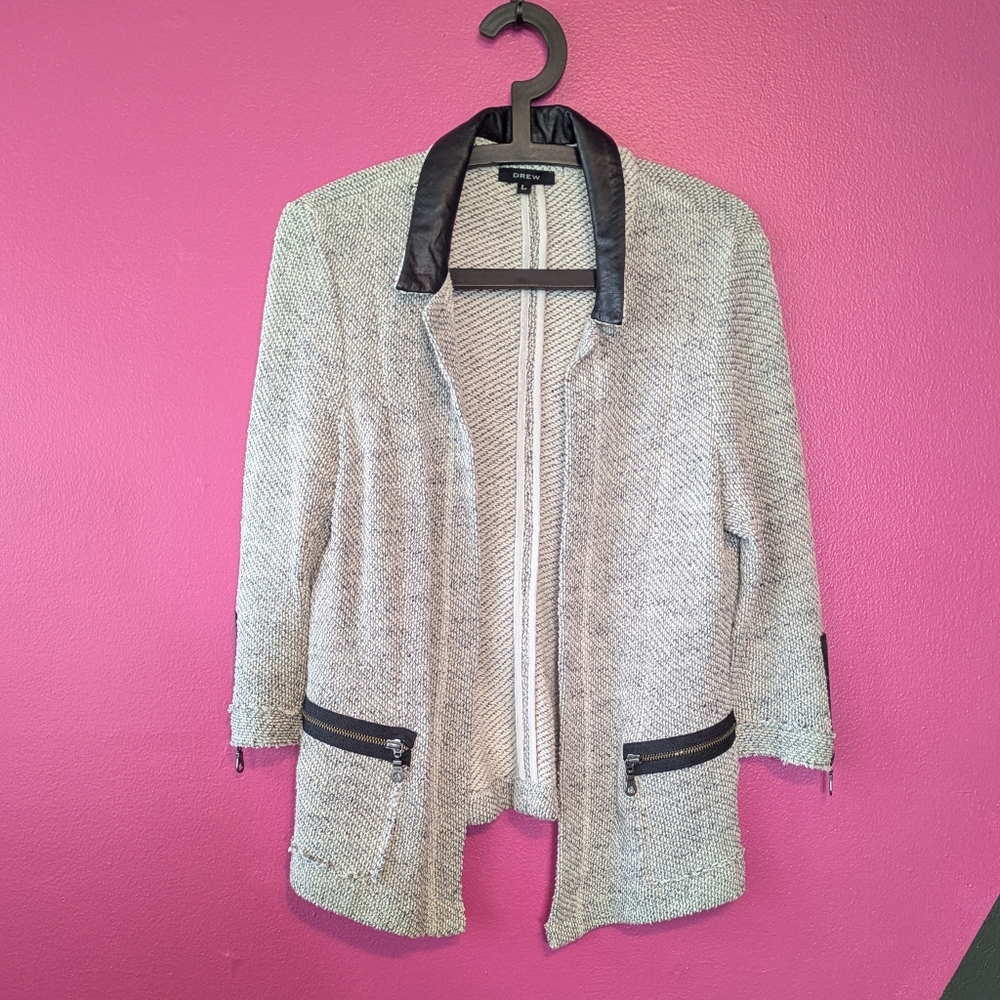 DREW Beige Knit Cardigan Black Faux Leather Collar